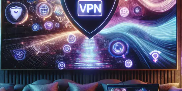 A modern room with a high-definition screen, showcasing abstract visuals and symbols of safe adult video downloading.