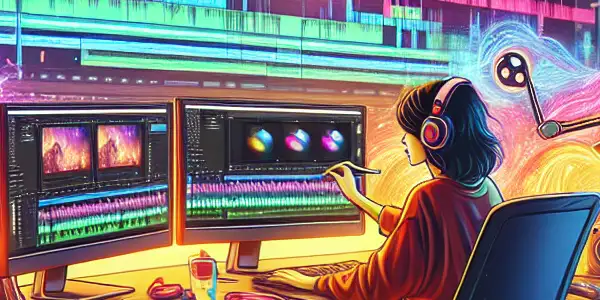A young video editor works in a modern studio, surrounded by high-tech equipment, colorful timelines, and creative materials.