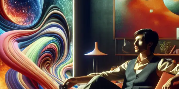 A person watches a vibrant Japanese AV film in a cozy, intimate, and inviting setting.