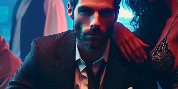 A dimly lit bar scene featuring a charismatic anti-hero, a seductive femme fatale, and an atmosphere of tension and intrigue.