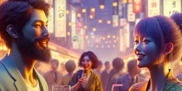 A lively Japanese street scene with diverse people interacting, colorful stalls, and neon signs at dusk.
