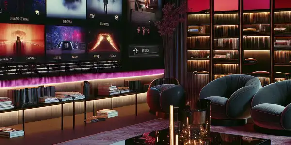 A modern digital lounge featuring a vibrant adult entertainment platform, luxurious seating, and a warm, provocative ambiance.