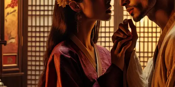 A couple shares an intimate moment in a dimly lit, traditionally decorated Korean room, evoking longing and desire.