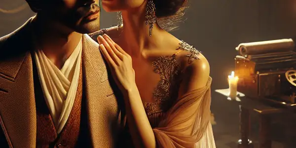 A romantic scene featuring a man and woman in an intimate, dimly-lit room adorned with luxurious furnishings and soft candlelight.