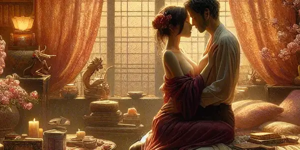 A cozy, intimate room with a couple embracing, surrounded by warm colors and delicate decor, evoking romance and emotional connection.