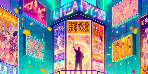 A lively virtual room filled with diverse participants excitedly engaging in a Japanese adult film lottery amid neon lights.