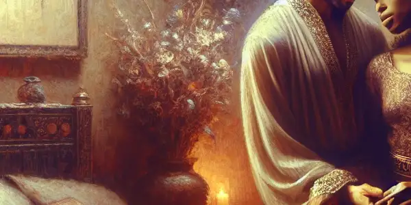 Two lovers entwined in a tender embrace in a cozy, dimly lit bedroom filled with romance.