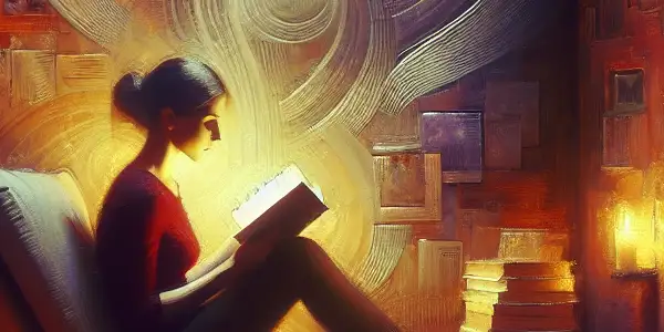 A cozy reading nook with a figure absorbed in a romantic novel, surrounded by books and soft lighting.