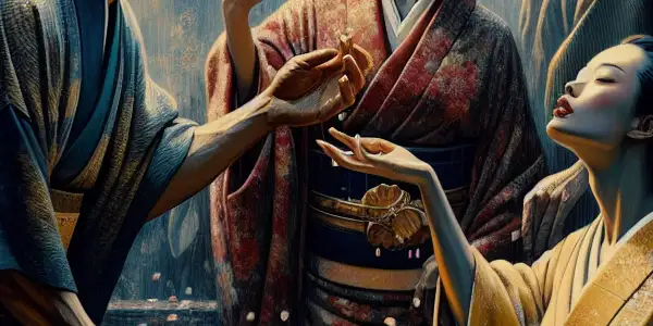 A provocative scene blending sensuality and Japanese cultural elements with diverse characters in an intimate, artistic setting.