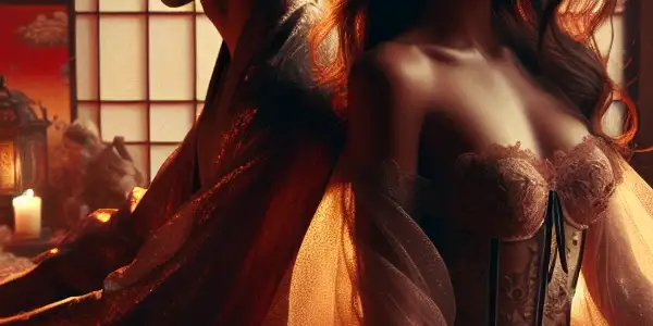 A passionate couple embraces in a softly lit, intimate room adorned with Japanese cultural elements and erotic literature.