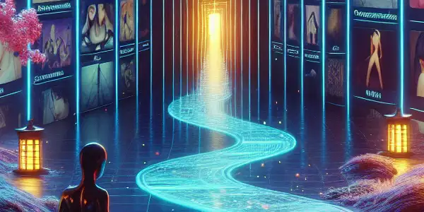 A luxurious digital interface showcasing diverse genres of adult films with elements of exploration and Japanese cultural references.