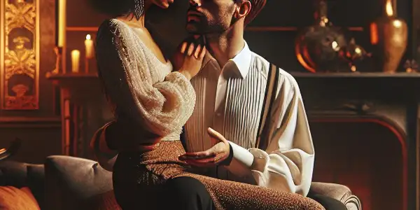 A passionate couple embraces in a lavish, dimly lit room filled with opulent decor and intimate ambiance.