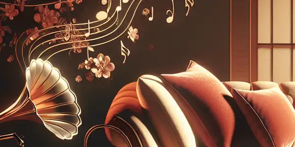 A cozy living room with a plush sofa, vintage record player, and abstract musical notes, evoking intimacy and warmth.