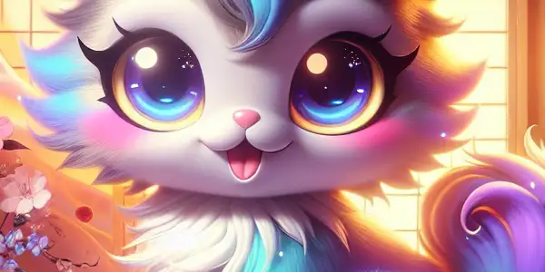 A whimsical, colorful cat with playful features surrounded by soft fabrics and subtle Japanese cultural elements.