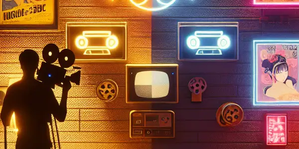 A futuristic film set contrasting retro and modern elements of the adult film industry, featuring nostalgic and high-tech visuals.