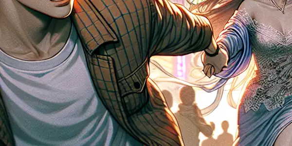 A passionate man pursues an elegant woman through a vibrant, neon-lit urban night scene.