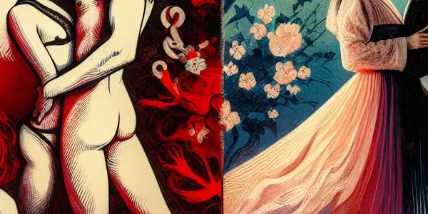 A split image contrasting explicit pornography with subtle eroticism, exploring intimacy through vivid and soft visual elements.