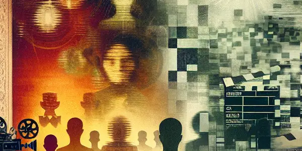 A dimly lit film screening room with diverse viewers, showcasing abstract sensual imagery and cultural contrasts in erotic cinema.