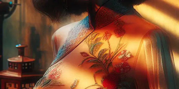 A captivating portrait of a fictional Asian adult film star in a stylish, intimate film set.